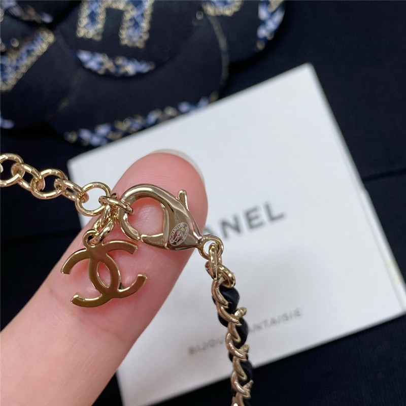 Ch**el leather through chain double c gemstone necklace