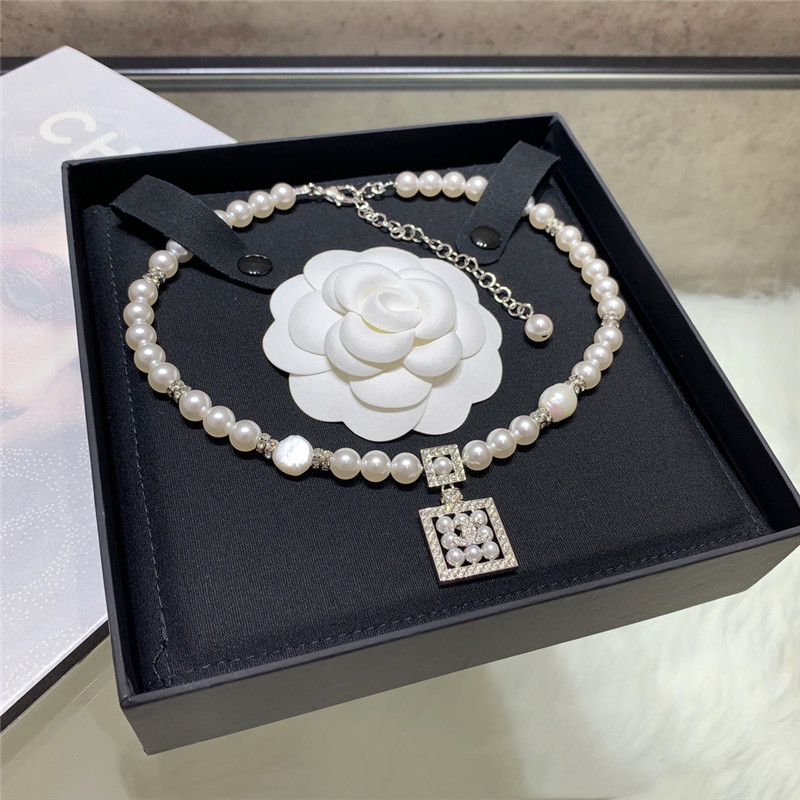 Ch**el cube perfume bottle double c pearl necklace
