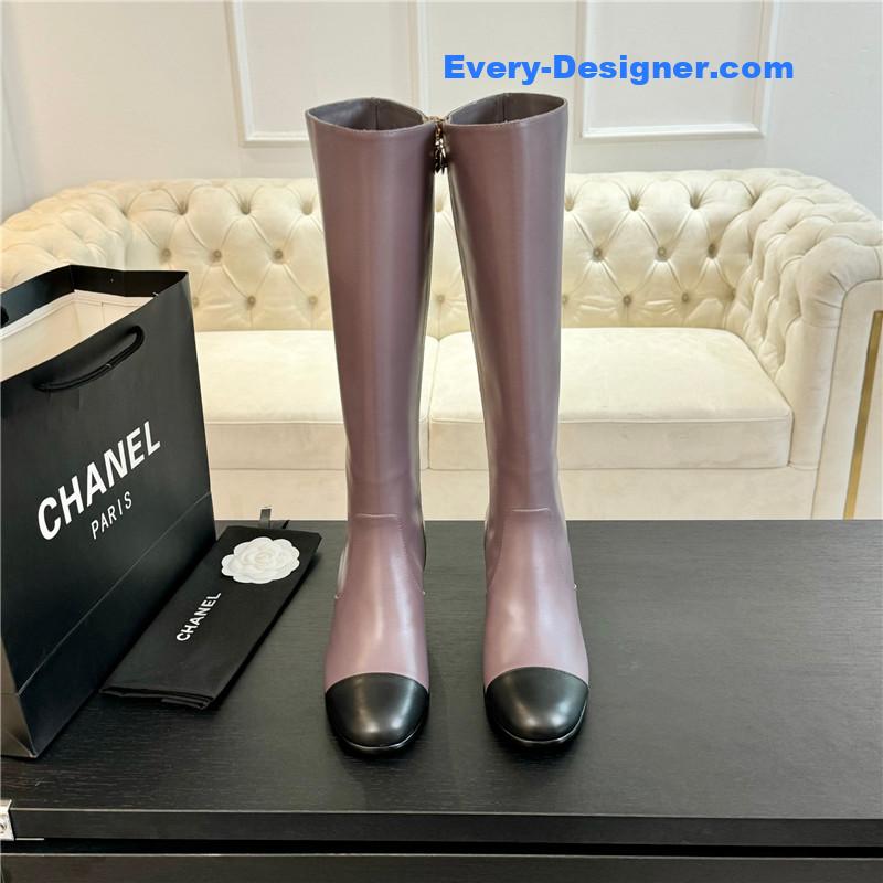 Ch**el purple calfskin chunky knee-high boots