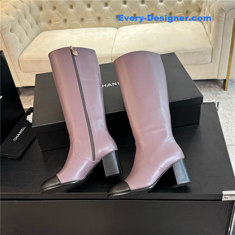 Ch**el purple calfskin chunky knee-high boots