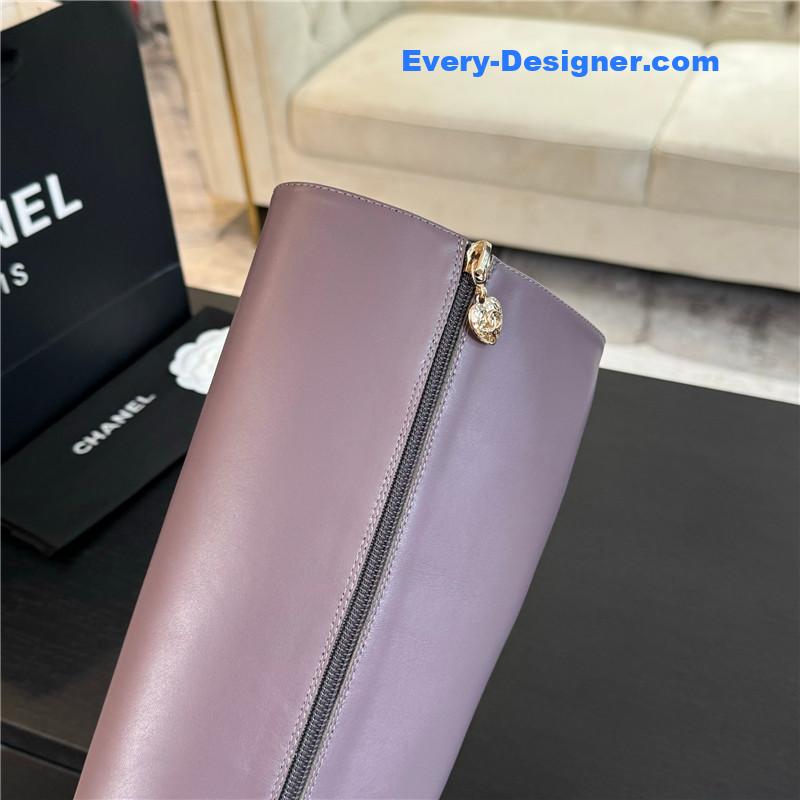 Ch**el purple calfskin chunky knee-high boots