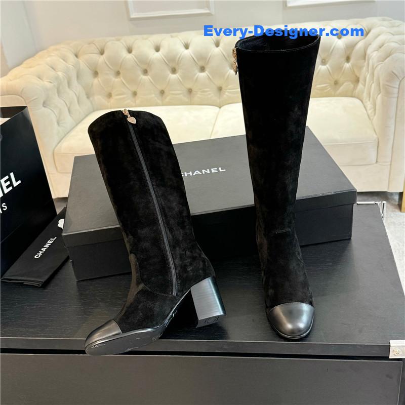 Ch**el suede calfskin chunky knee-high boots