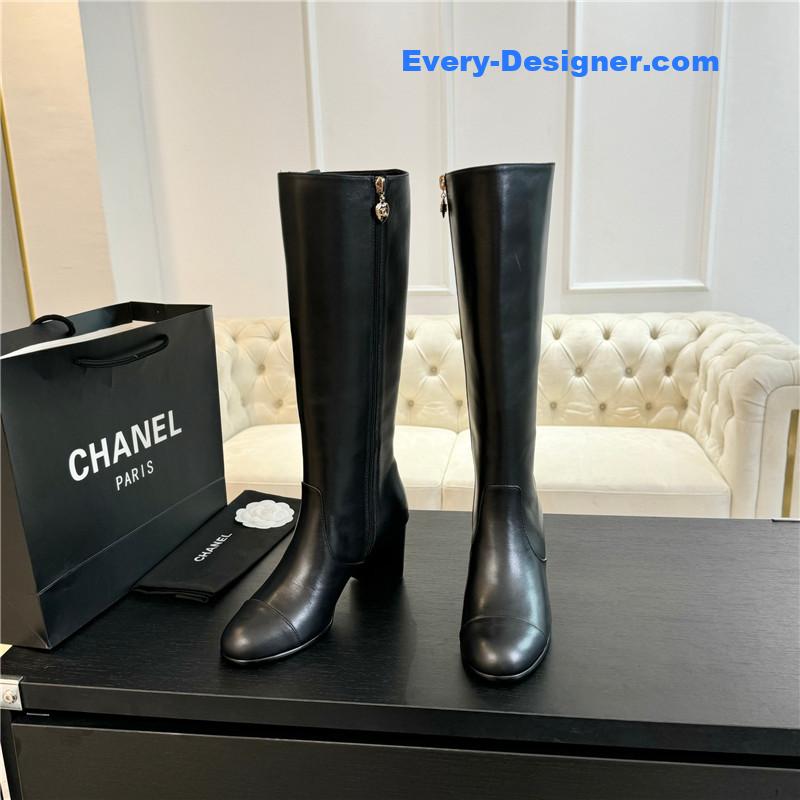 Ch**el black calfskin chunky knee-high boots