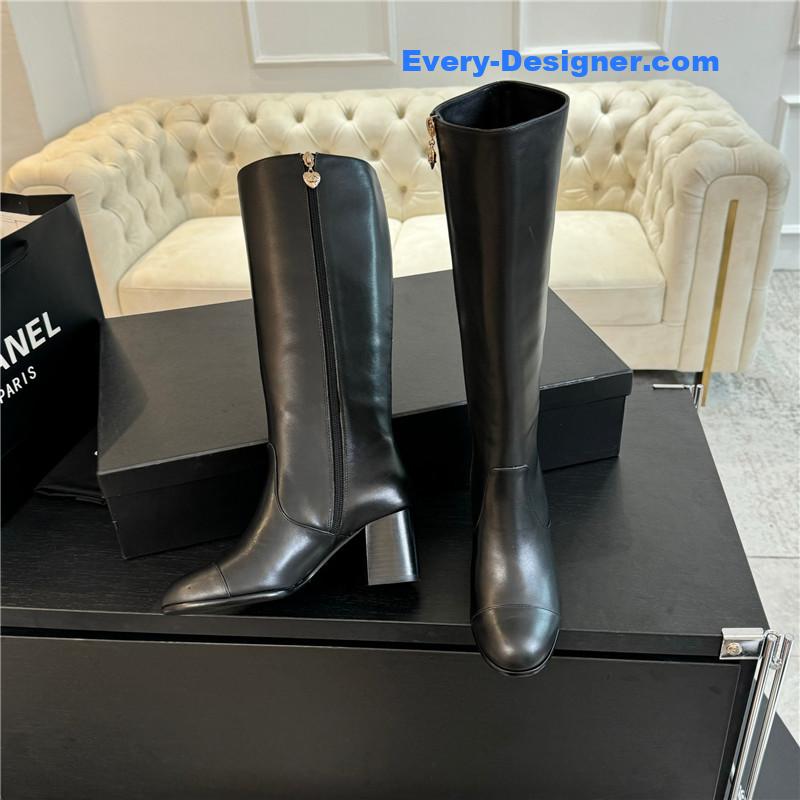 Ch**el black calfskin chunky knee-high boots