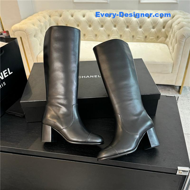 Ch**el black calfskin chunky knee-high boots