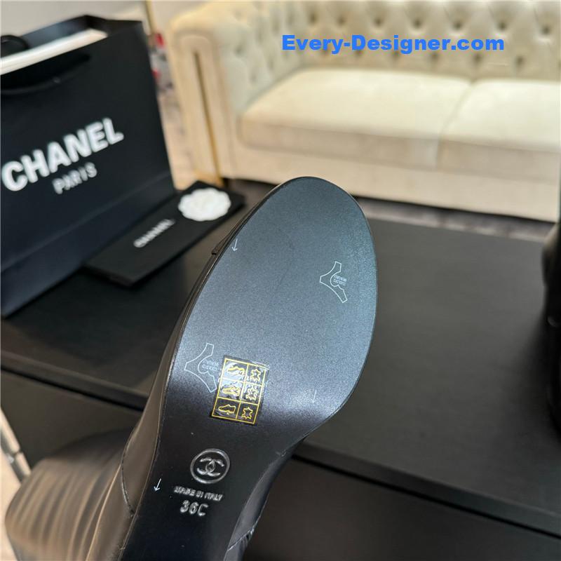 Ch**el black calfskin chunky knee-high boots