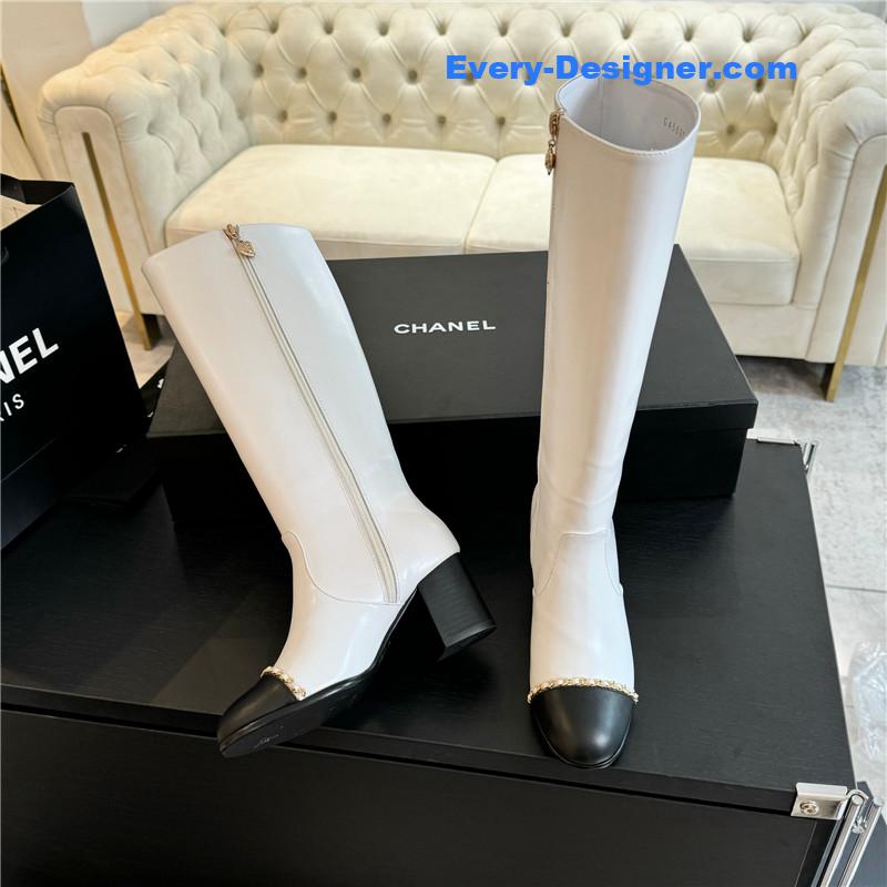 Ch**el calfskin chunky knee-high boots