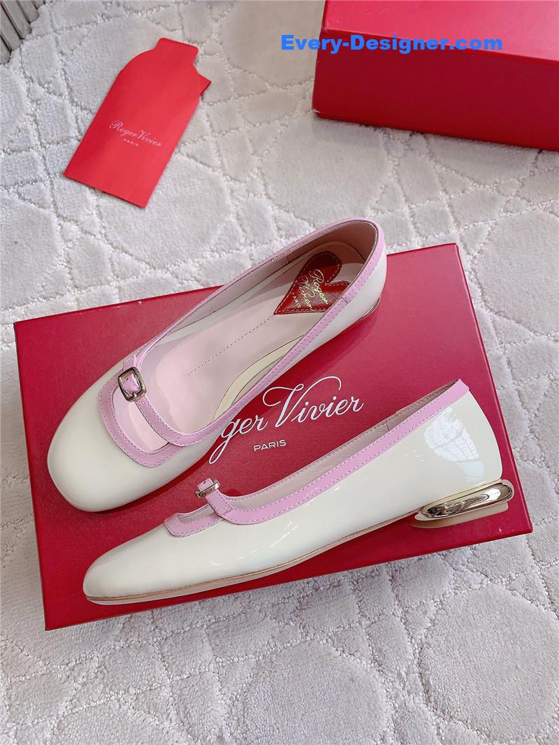 Roger Vivier Viv’ Podium Ballerinas in Patent White and Pink
