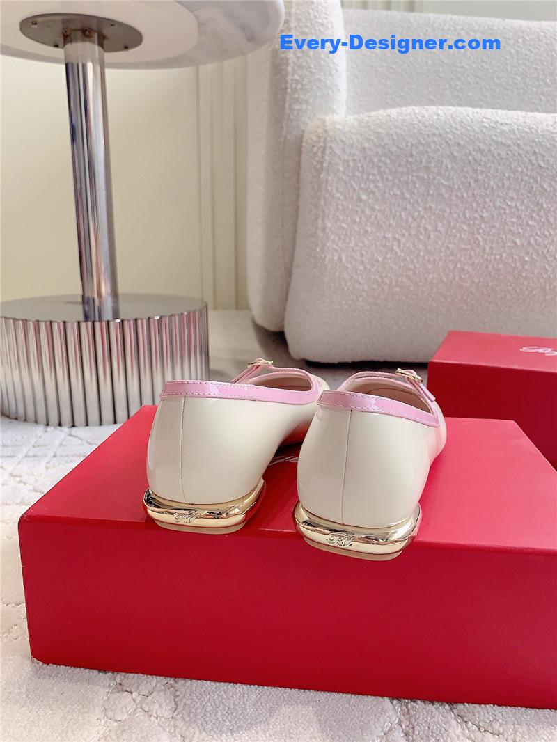 Roger Vivier Viv’ Podium Ballerinas in Patent White and Pink