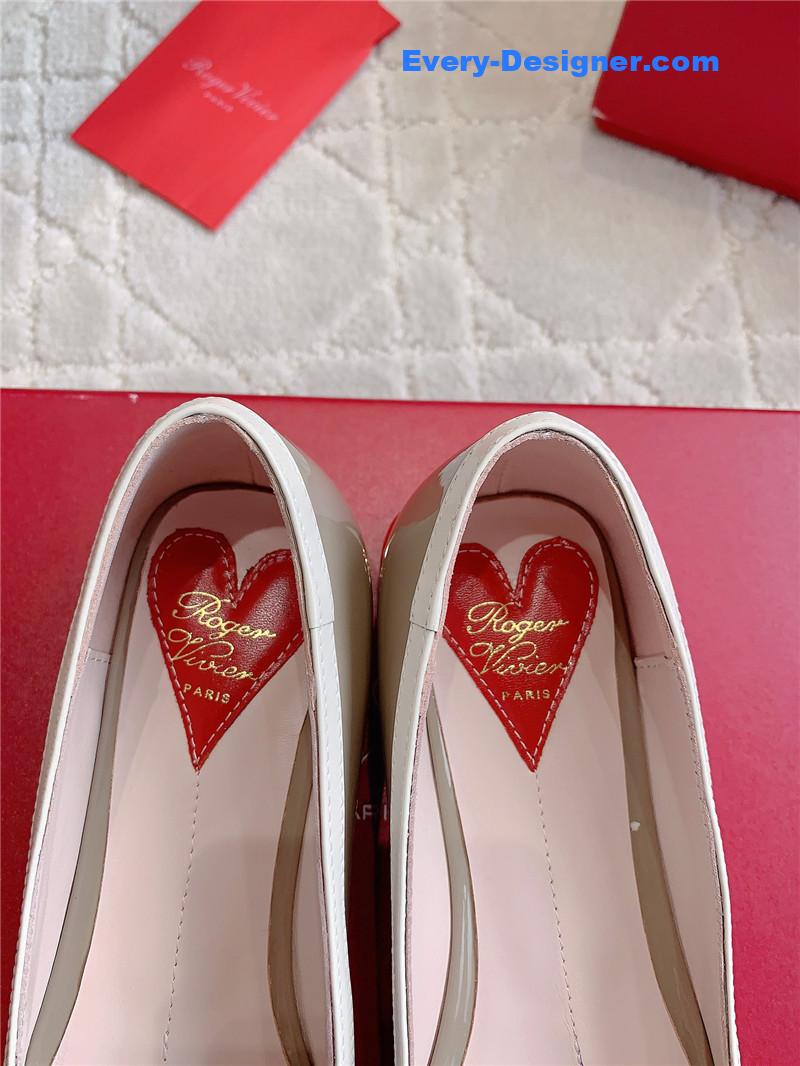 Roger Vivier Viv’ Podium Ballerinas in Patent Grey and White