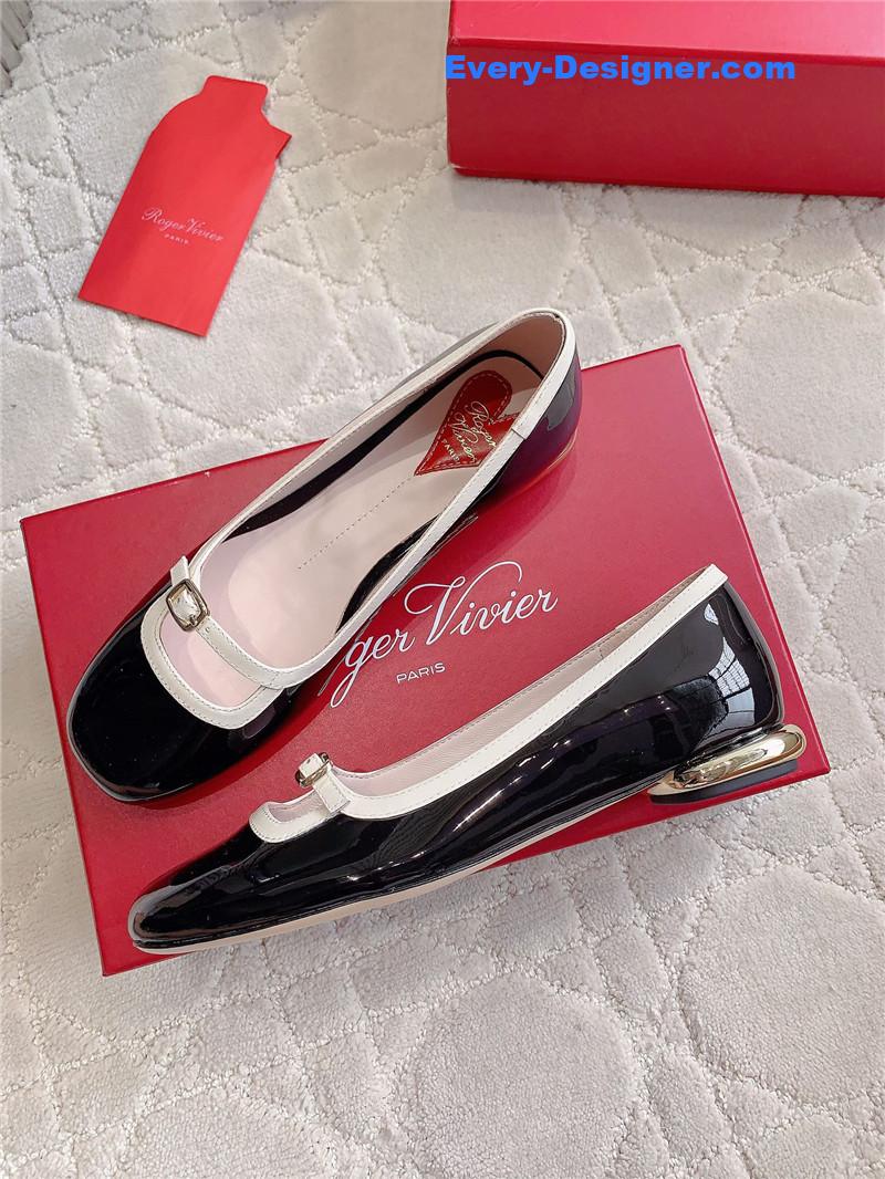 Roger Vivier Viv’ Podium Ballerinas in Patent Black and White