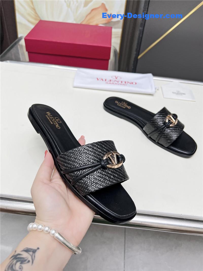 Va1e*ntin0 vlogo raffia leather slides black