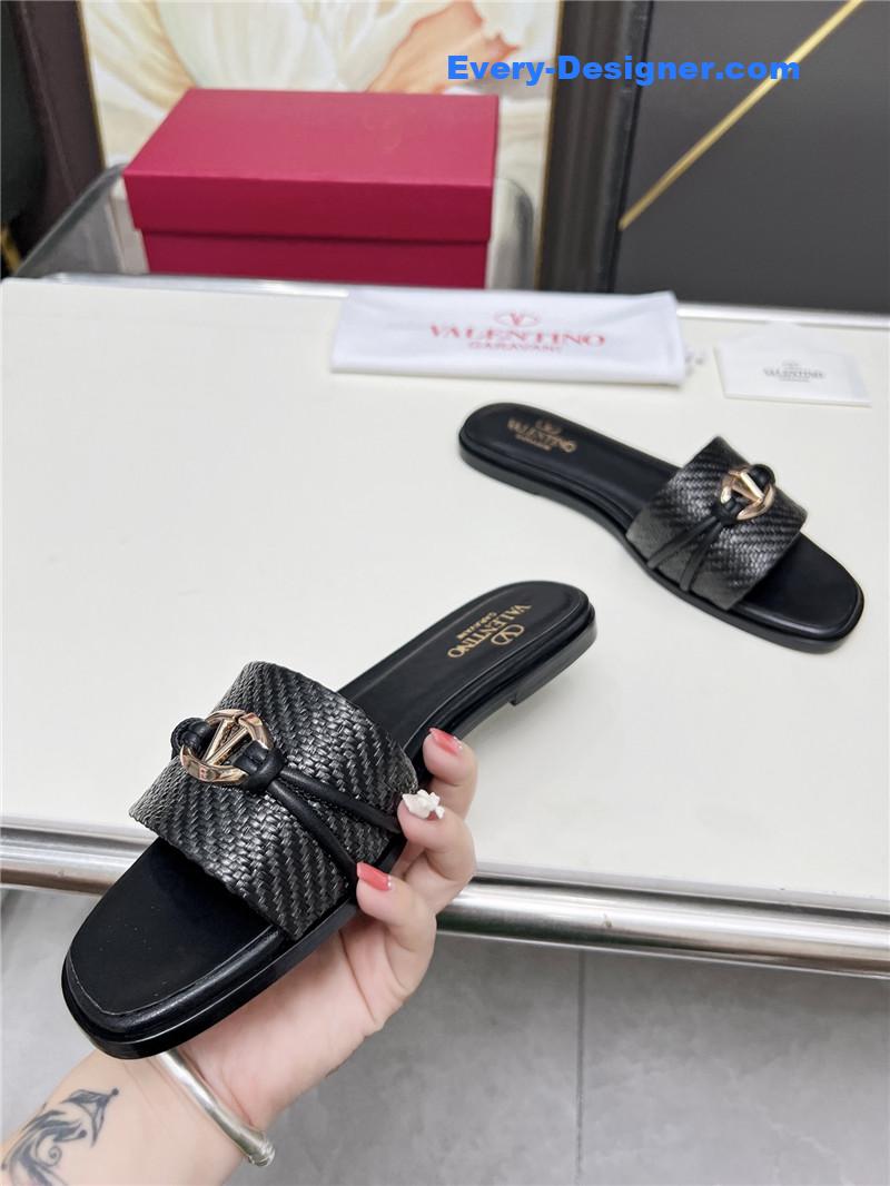 Va1e*ntin0 vlogo raffia leather slides black