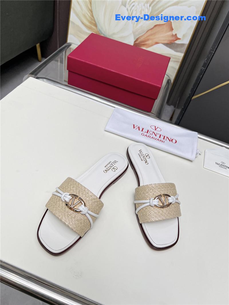 Va1e*ntin0 vlogo raffia leather slides natural