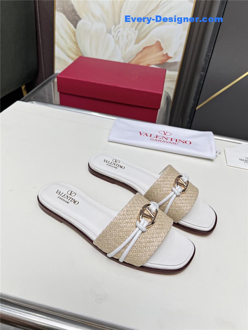 Va1e*ntin0 vlogo raffia leather slides natural