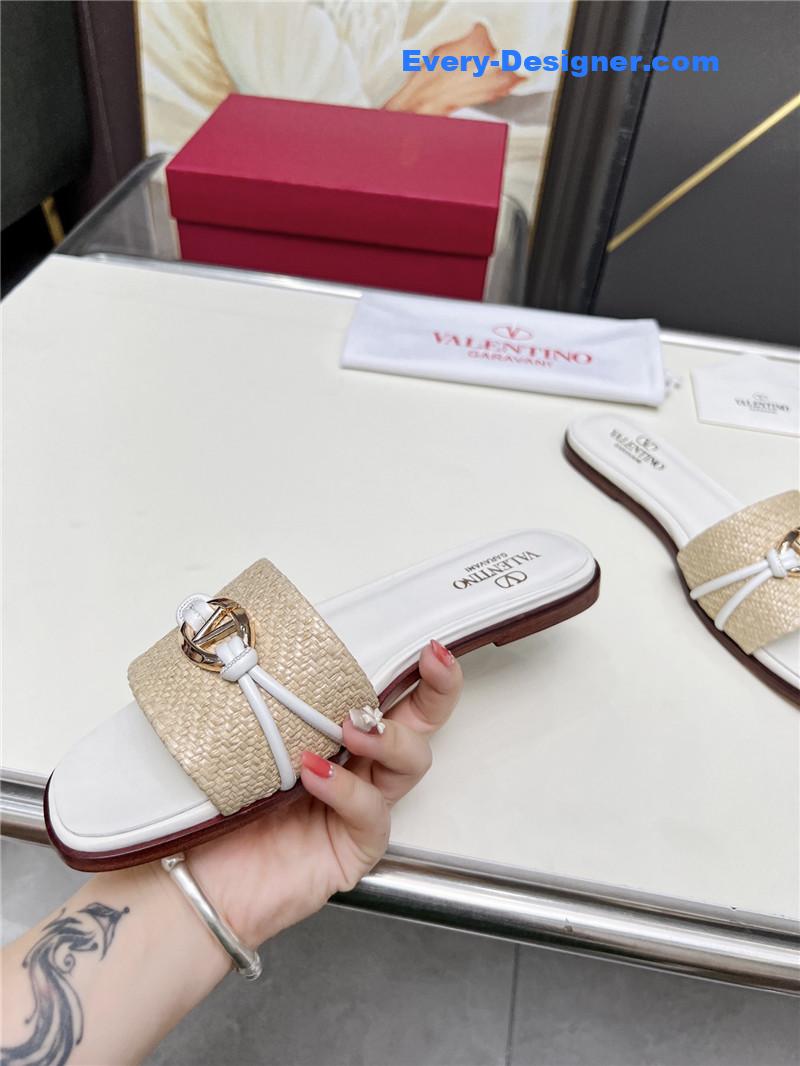 Va1e*ntin0 vlogo raffia leather slides natural
