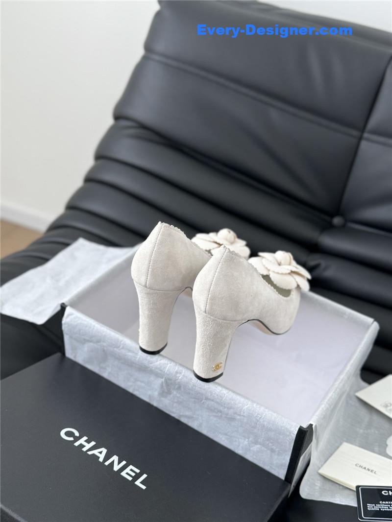 Ch**el camellia heel pumps in white suede leather
