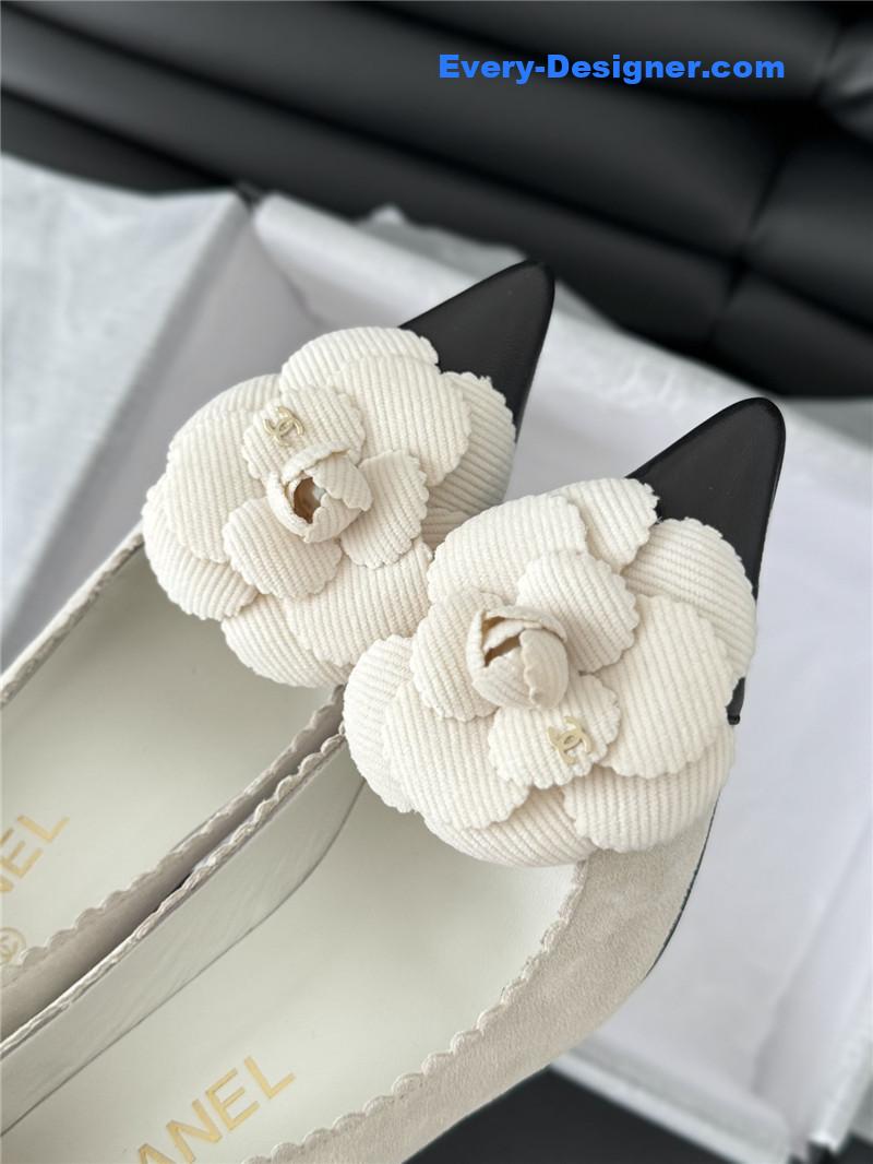 Ch**el camellia heel pumps in white suede leather