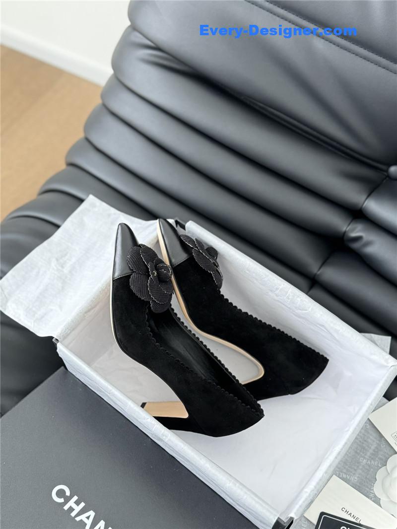Ch**el camellia heel pumps in black suede