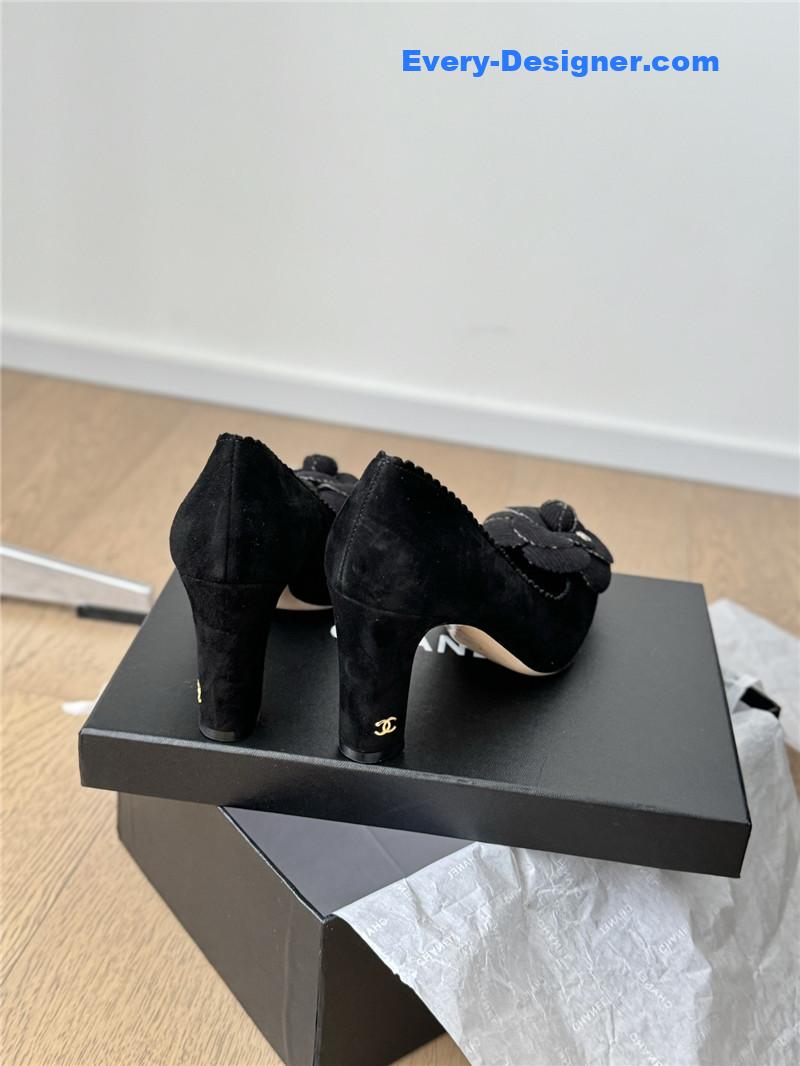 Ch**el camellia heel pumps in black suede