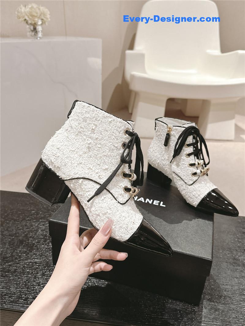 Ch**el pointed toe white tweed chunky heel ankle boots