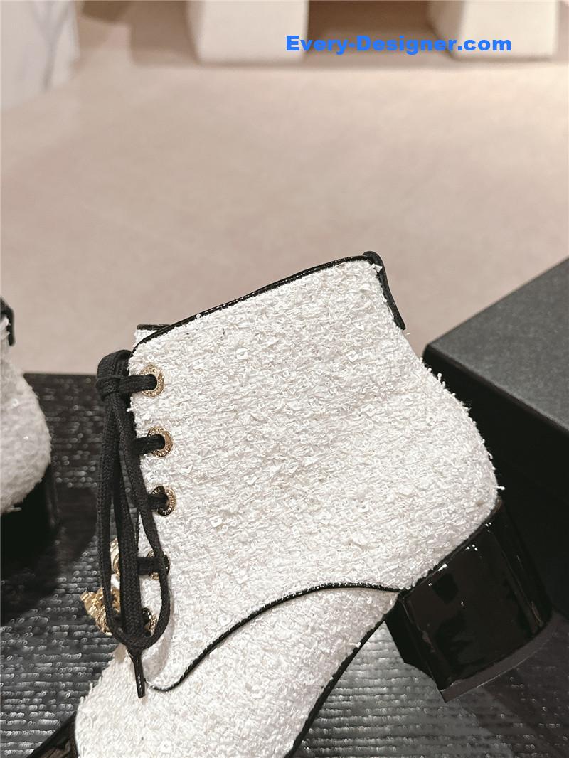 Ch**el pointed toe white tweed chunky heel ankle boots