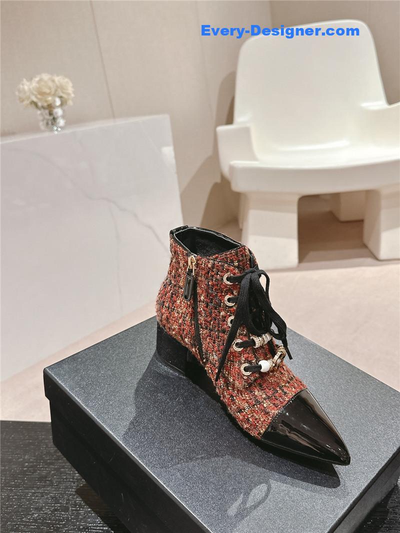 Ch**el pointed toe chunky heel burgundy tweed ankle boots