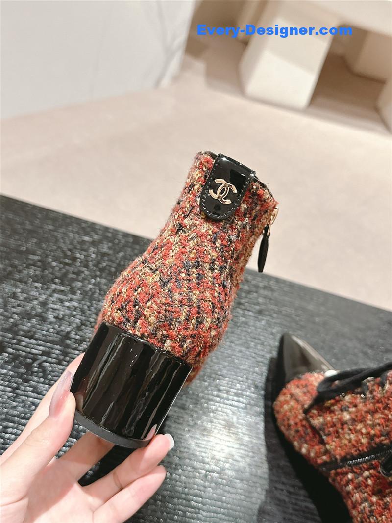Ch**el pointed toe chunky heel burgundy tweed ankle boots