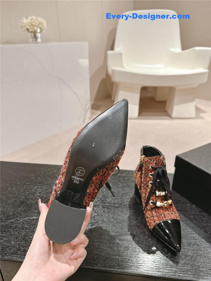 Ch**el pointed toe chunky heel burgundy tweed ankle boots