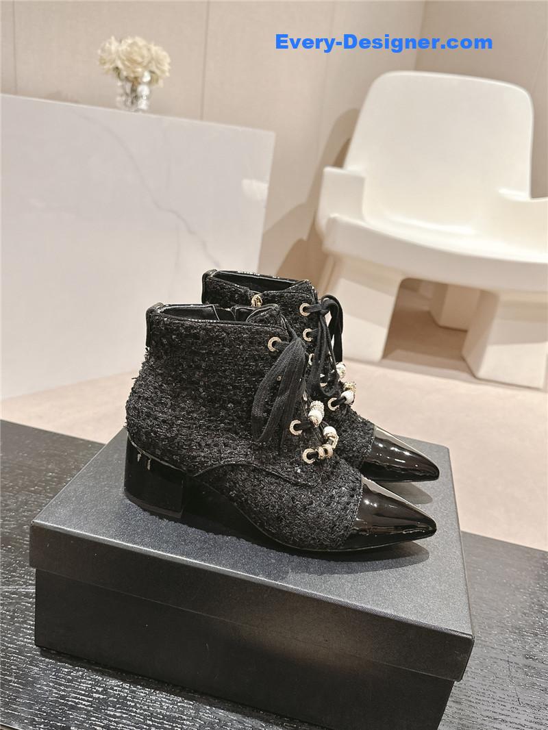 Ch**el pointed toe chunky heel tweed ankle boots