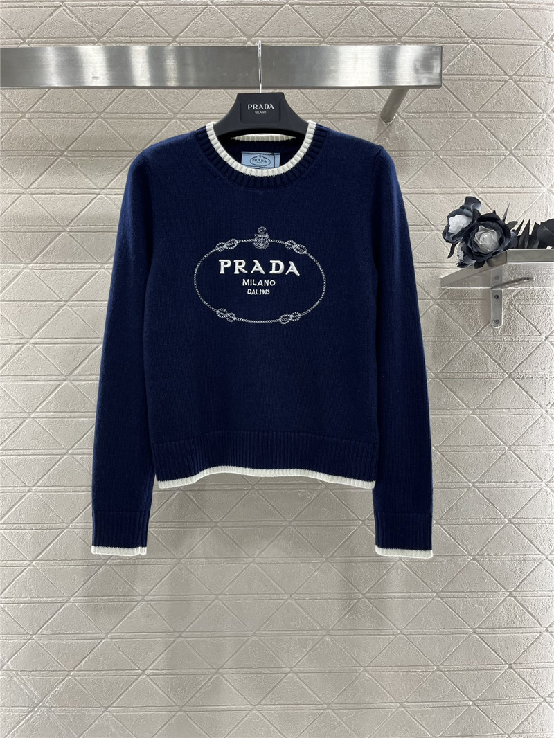 Prada Logo-Intarsia Crop Wool Sweater Navy