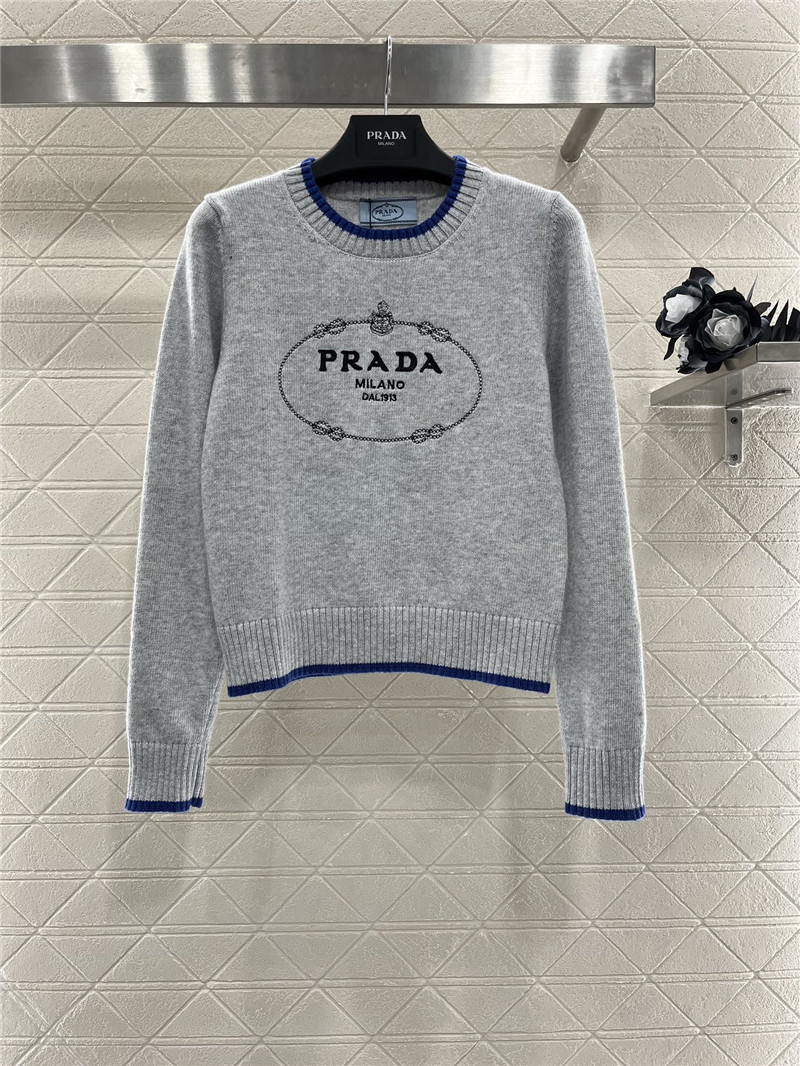 Prada Logo-Intarsia Crop Wool Sweater Grey