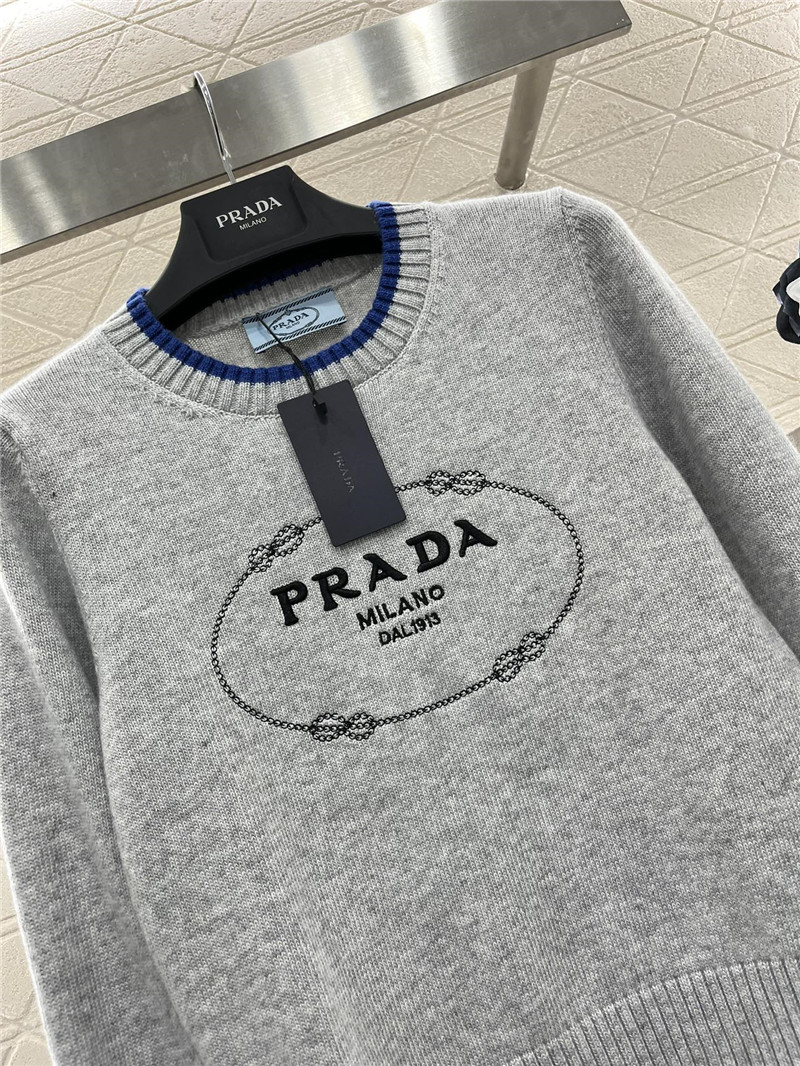 Prada Logo-Intarsia Crop Wool Sweater Grey