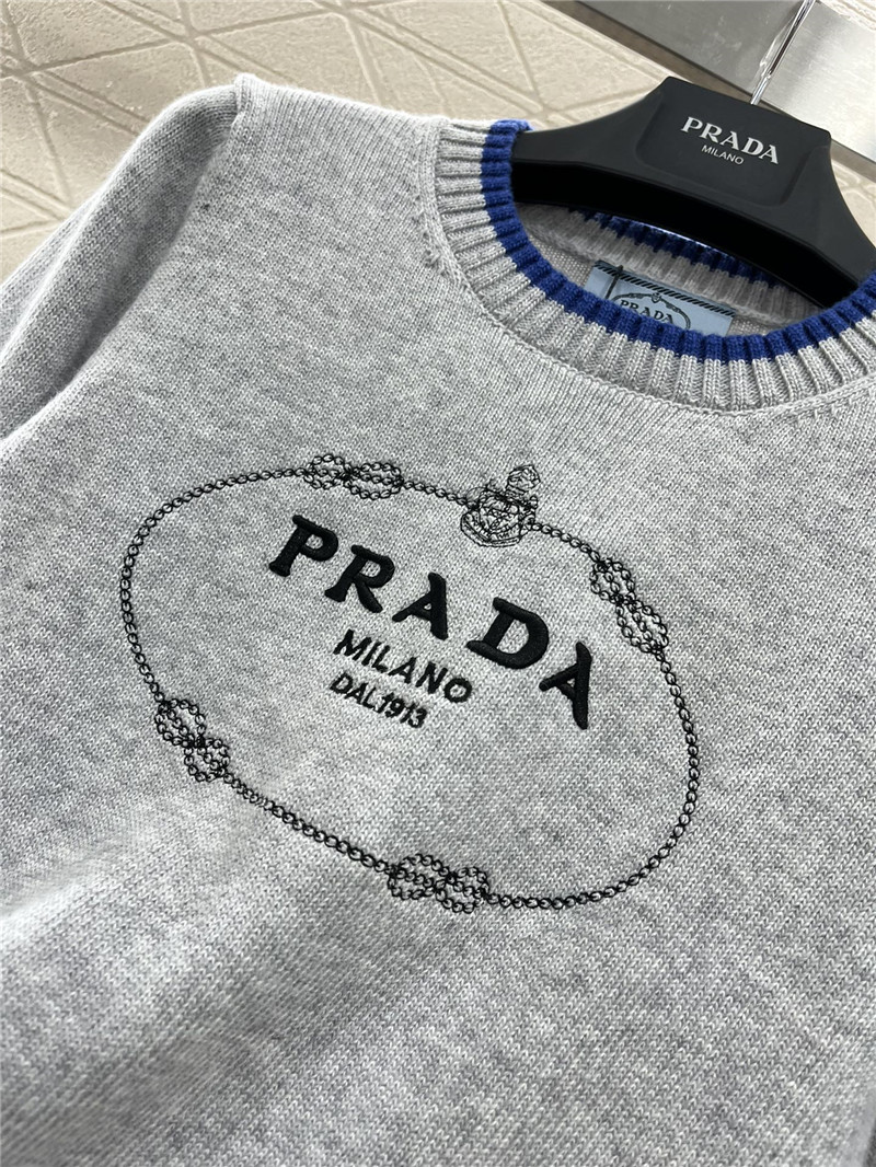 Prada Logo-Intarsia Crop Wool Sweater Grey