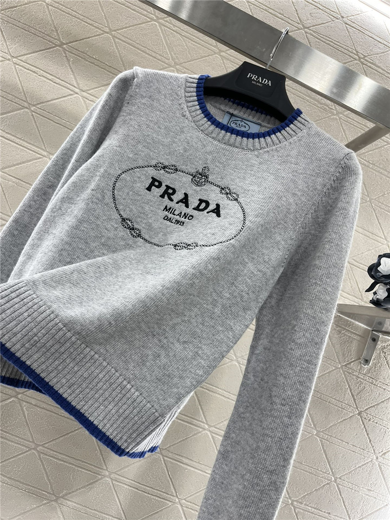 Prada Logo-Intarsia Crop Wool Sweater Grey