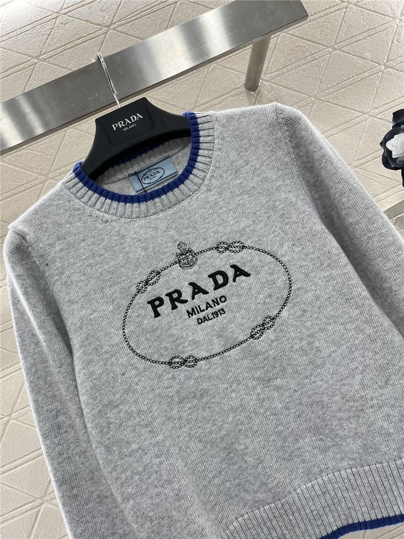 Prada Logo-Intarsia Crop Wool Sweater Grey