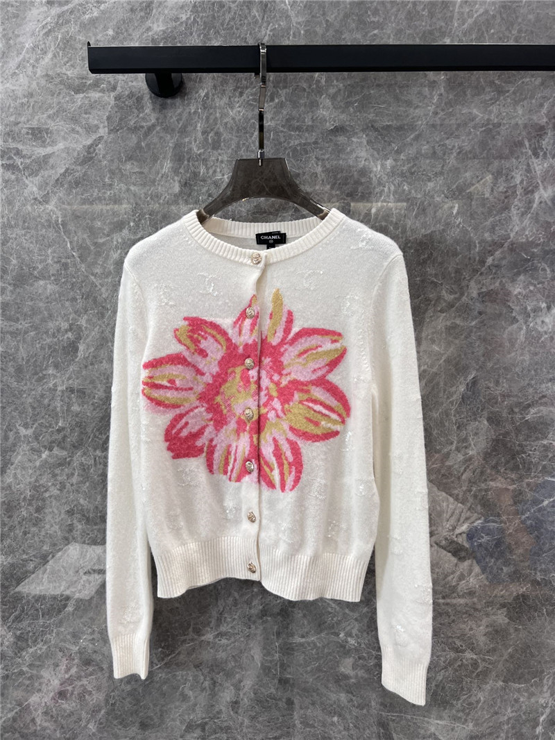 Chanel Crop Floral Intarsia Cardigan Ivory