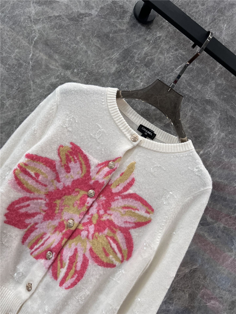 Chanel Crop Floral Intarsia Cardigan Ivory
