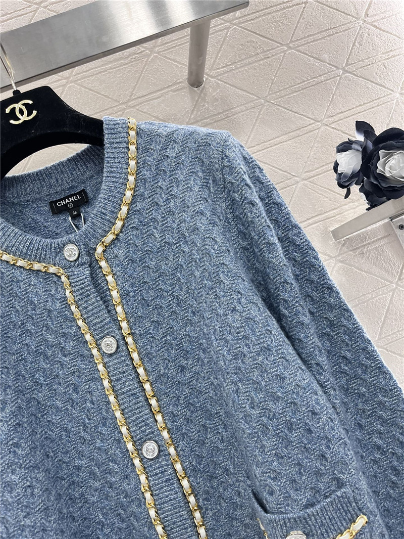 Ch**el chain-trim texture cardigan blue