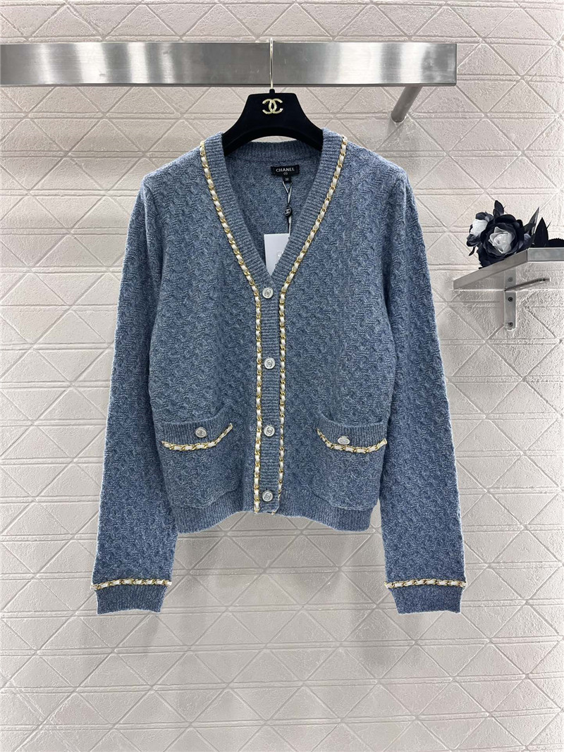 Chanel V-neck Chain-Trim Texture Cardigan Blue