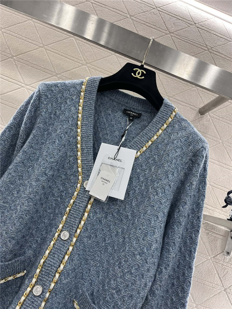 Ch**el v-neck chain-trim texture cardigan blue