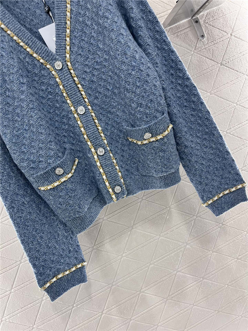 Ch**el v-neck chain-trim texture cardigan blue
