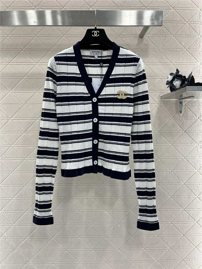 Chanel Brooch Stripe V-Neck Cardigan Black/White