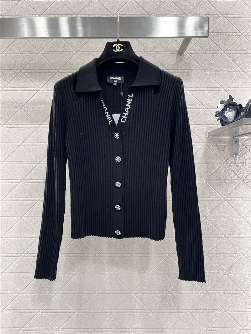 Chanel Logo-Intarsia Ribbed Polo Cardigan Black