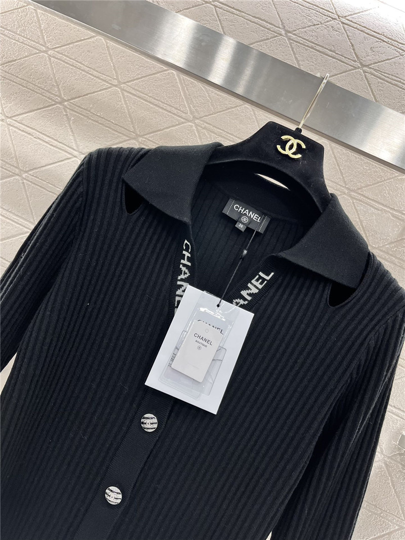 Chanel Logo-Intarsia Ribbed Polo Cardigan Black