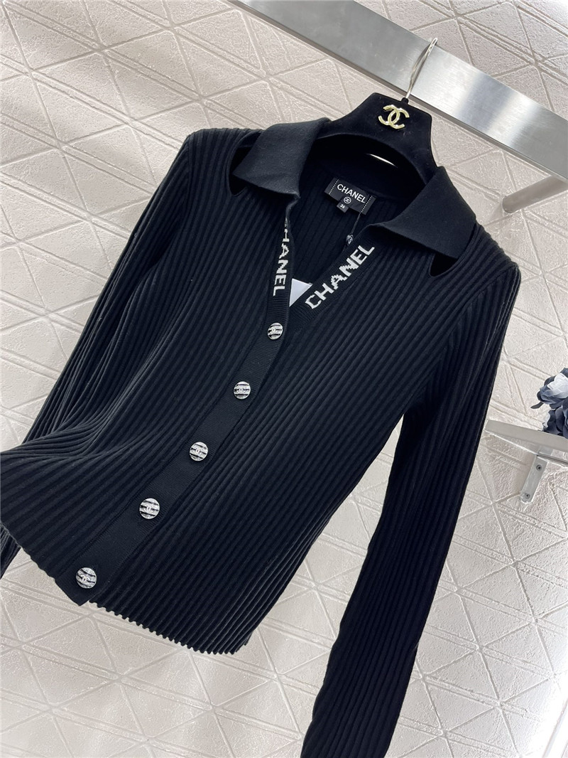 Chanel Logo-Intarsia Ribbed Polo Cardigan Black