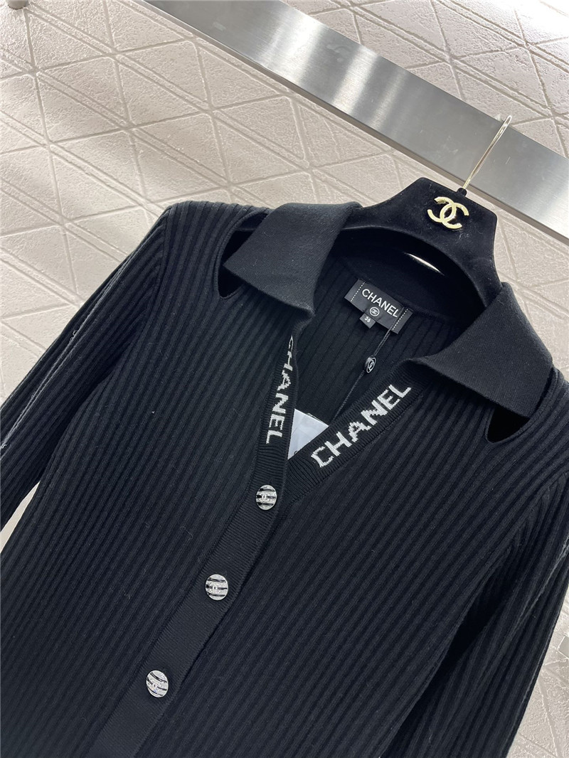 Chanel Logo-Intarsia Ribbed Polo Cardigan Black