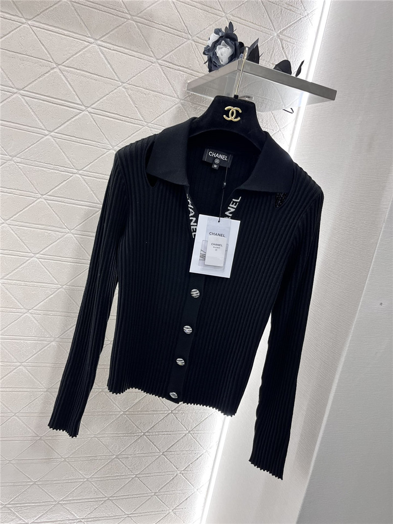Chanel Logo-Intarsia Ribbed Polo Cardigan Black