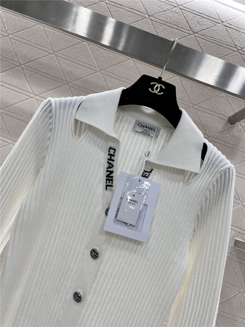 Chanel Logo-Intarsia Ribbed Polo Cardigan White