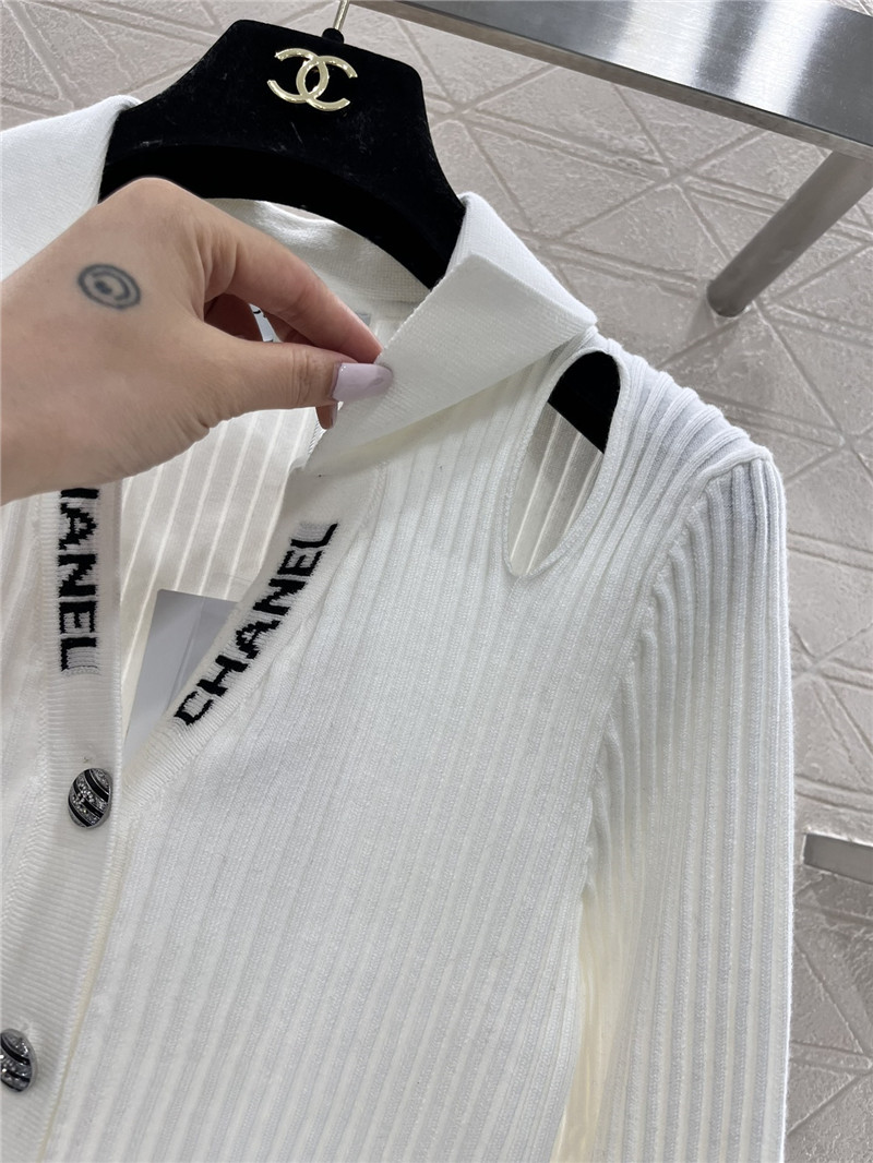 Chanel Logo-Intarsia Ribbed Polo Cardigan White